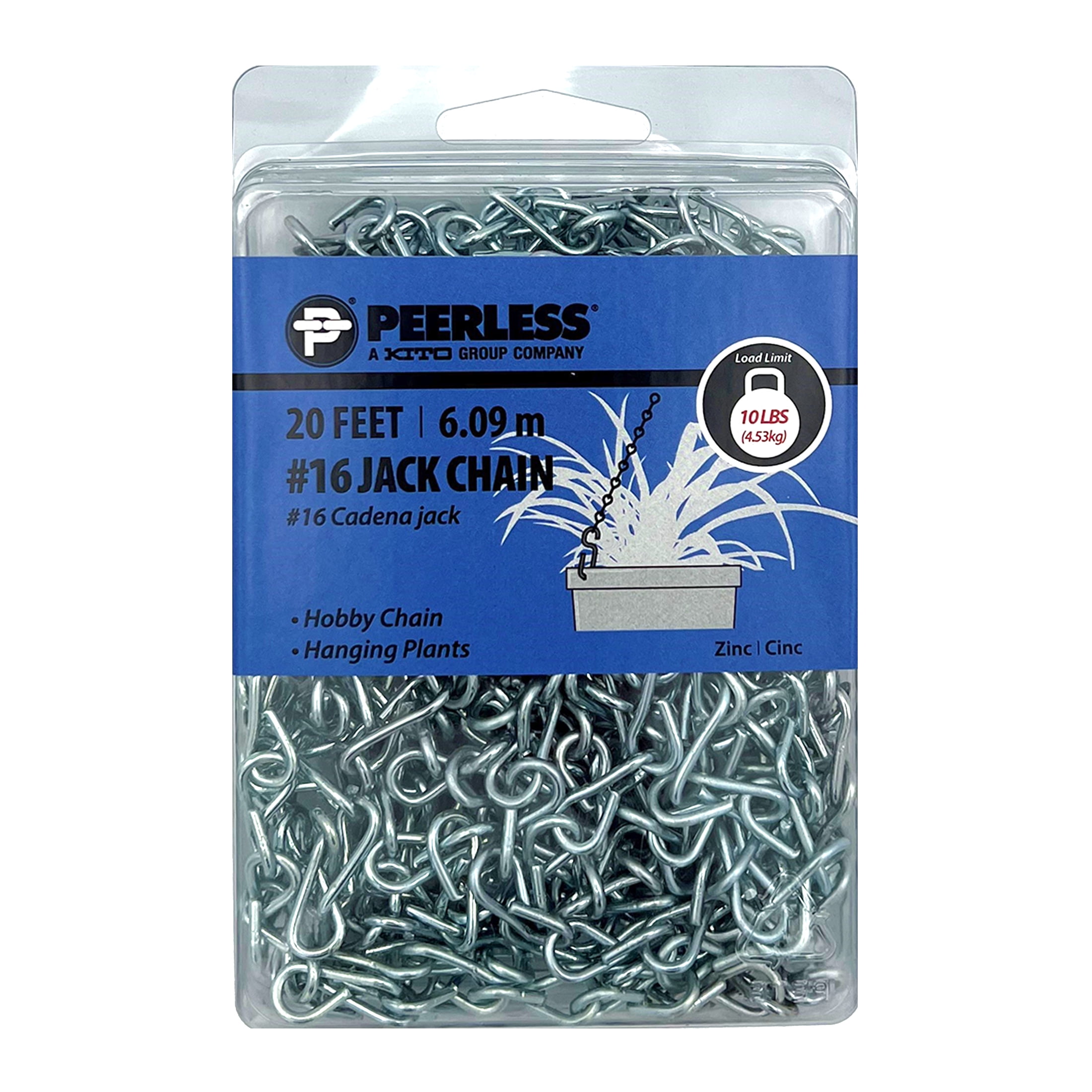 16 Jack Chain, 20 feet, Zinc-Plated, Peerless Chain Company