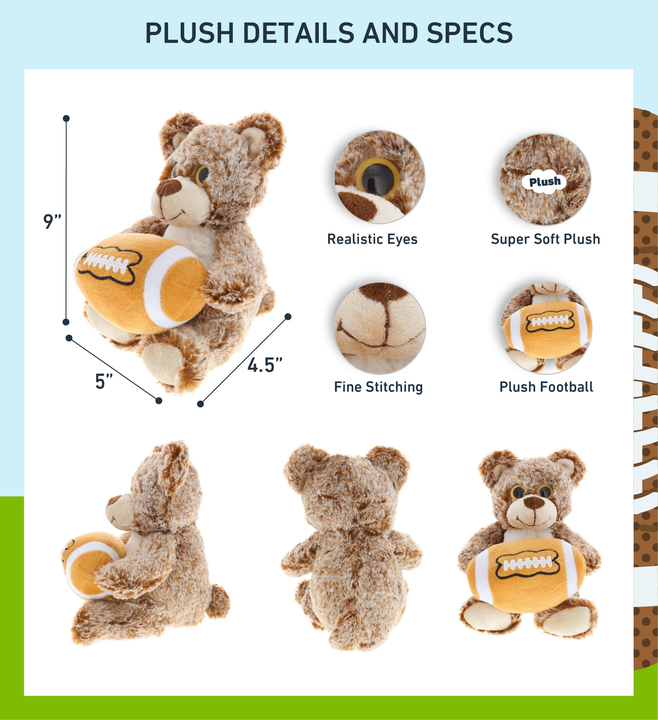 DolliBu Sitting Brown Bear Stuffed Animal with Football Plush - Soft Plush Huggable Bear, Adorable Playtime Plush Toy, Cute Wildlife Gift, Football Plush Animal Toy for Kids and Adults - 9 Inch
