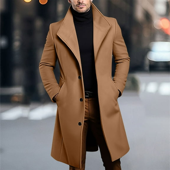 ZOYOEN Mens Long Trench Coat- Midweight Slim Fit Winter Pea Coat Single Breasted Casual Formal Overcoat Brown Size S-2XL