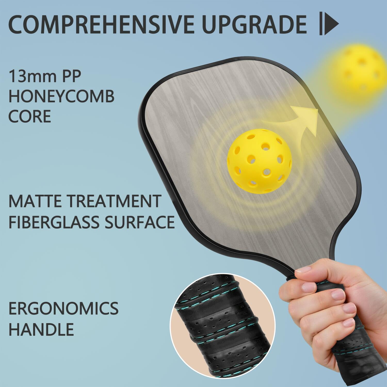Pickleball Paddles Set Of 2, Fiberglass Surface, Wood Grain Print, 4 Balls & Bag