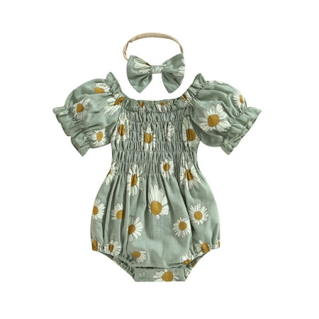 

MissiMae Baby Girls Jumpsuit Set Daisy Print Short Sleeve Ruched Romper with Headband Outfits for Summer 0-24M