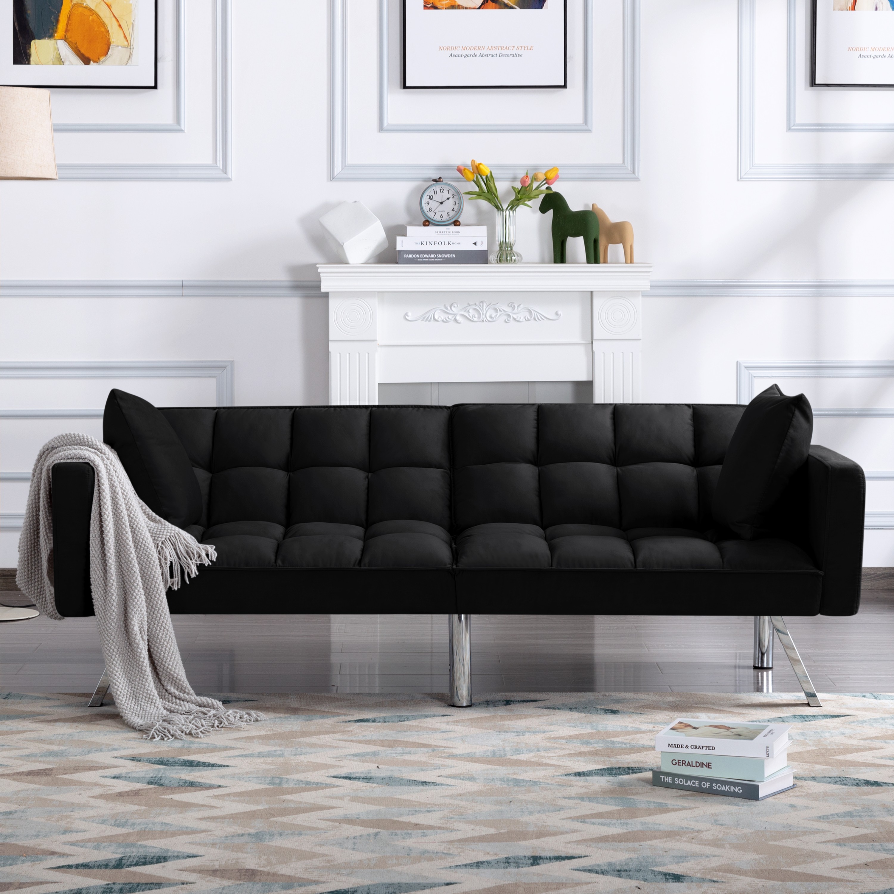 BSHTI 74” Twin Size Futon Sofa Bed,Square-tufted Upholstery Futon Sleeper,Velvet Fabric Sleeper Sofa,for Home,Office,and Guest Room,Black