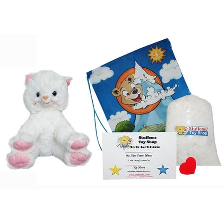 Own Kitty - Make Your Own Stuffed Animal 16 Inch White Kitty No Sew - Kit With Cute Backpack!