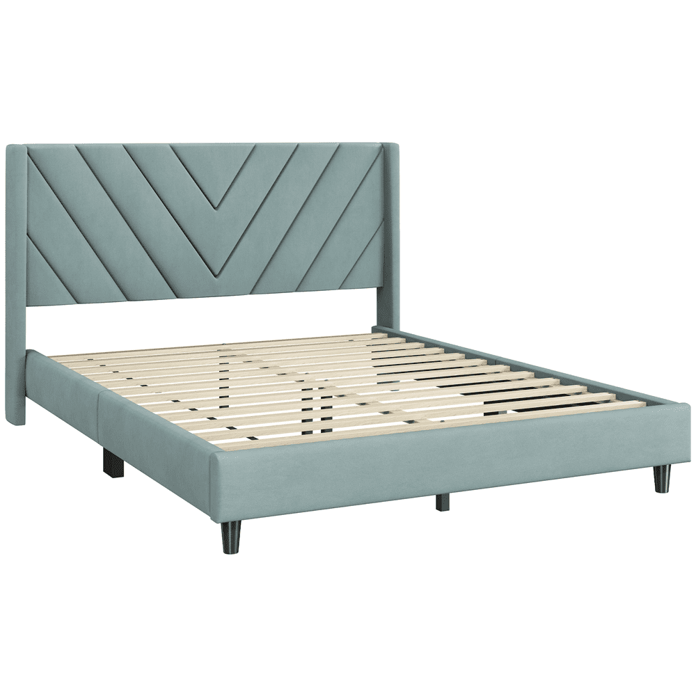 Renwick Upholstered Platform Bed Frame with Tufted Headboard, Blue Lake, All Ages, Queen