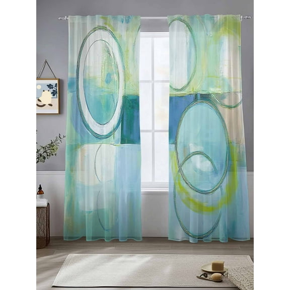 Abstract Art Street Art Circle Teal Retro Sheer Curtains 96 Inches Long 2 Panels Light Filtering Semi Sheer Window Curtains Drapes for Bedroom Living Room 52"x96"