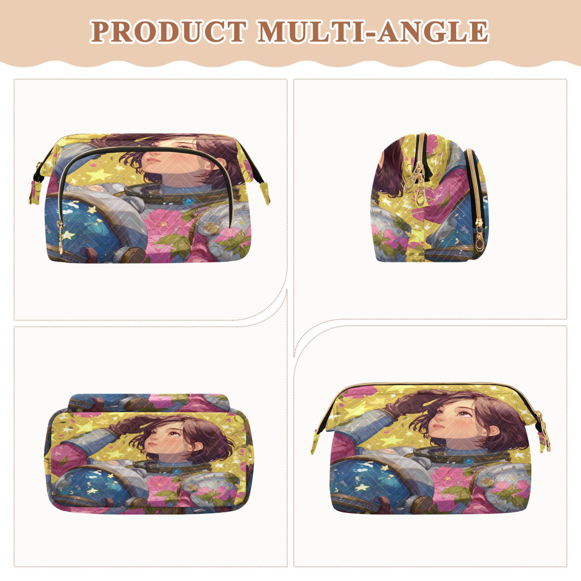 Wavy Quilted Cosmetic Bag Large-Capacity Travel Toiletry Organizer Includes 9-Piece Portable Travel Bottle Set Anime-style Astronaut