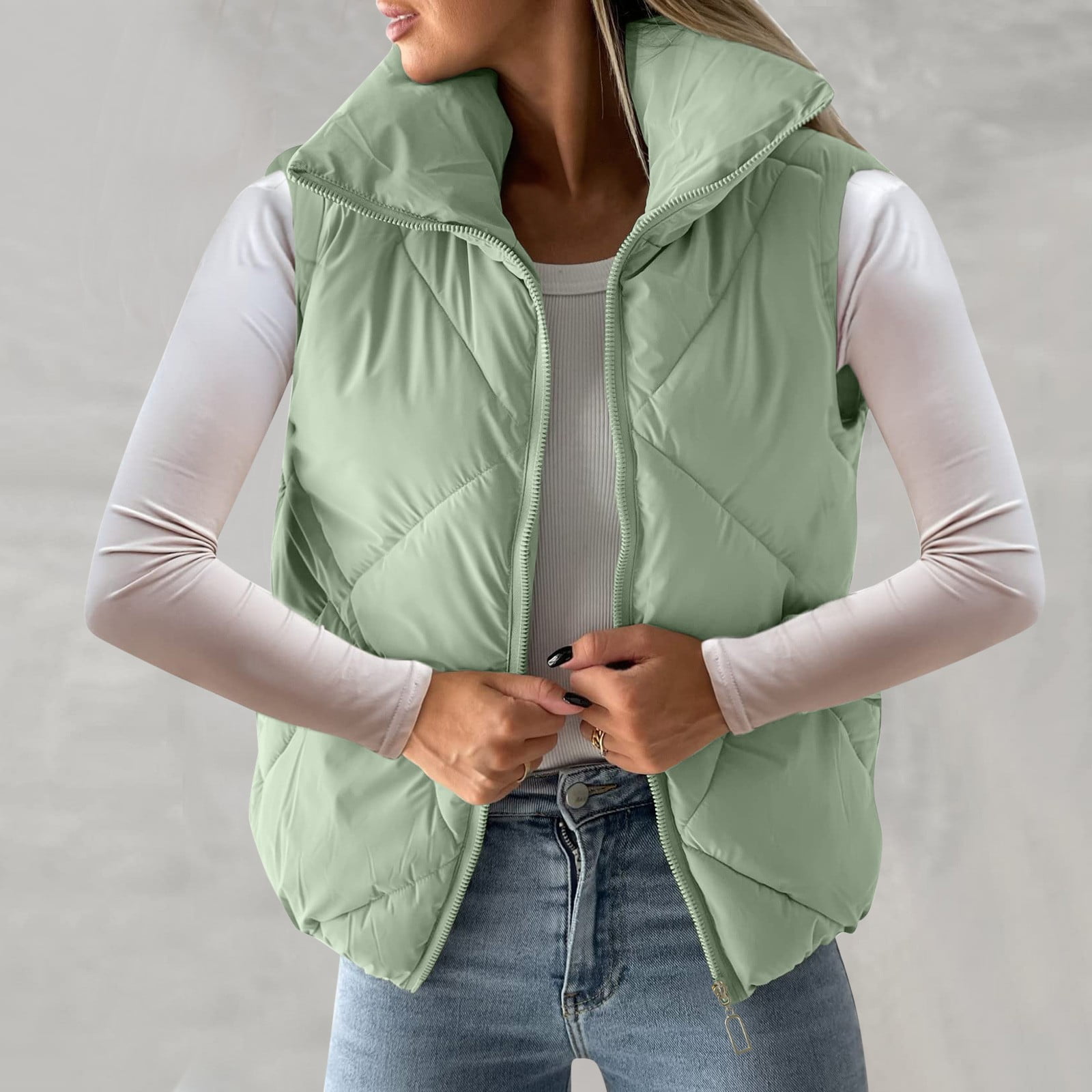 CAICJ98 Fall Vests for Women 2023 Womens Sherpa Full Zip Reversible Vest  Warm Color Block Hoodie Outwear with Pocket Green,3XL 