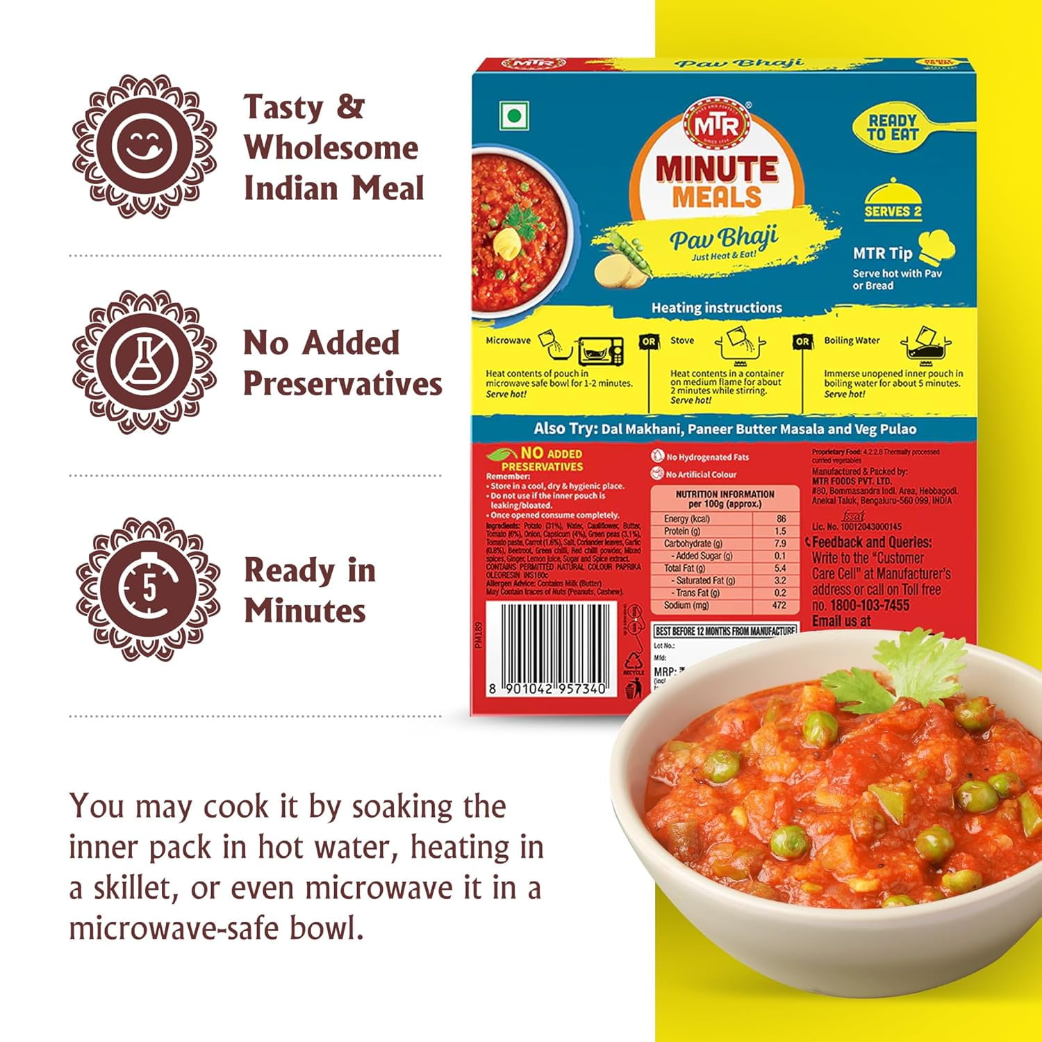 MTR Pav Bhaji (300g, Pack of 6) – Spiced Vegetable Gravy, Ready-to-Eat Indian Street Food, Vegetarian, No Preservatives, Microwavable & Flavorful