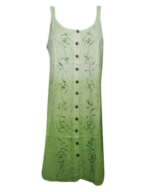 Mogul Womens Comfy Dress Green Floral Embroidered Button Front Tie Back Sundress