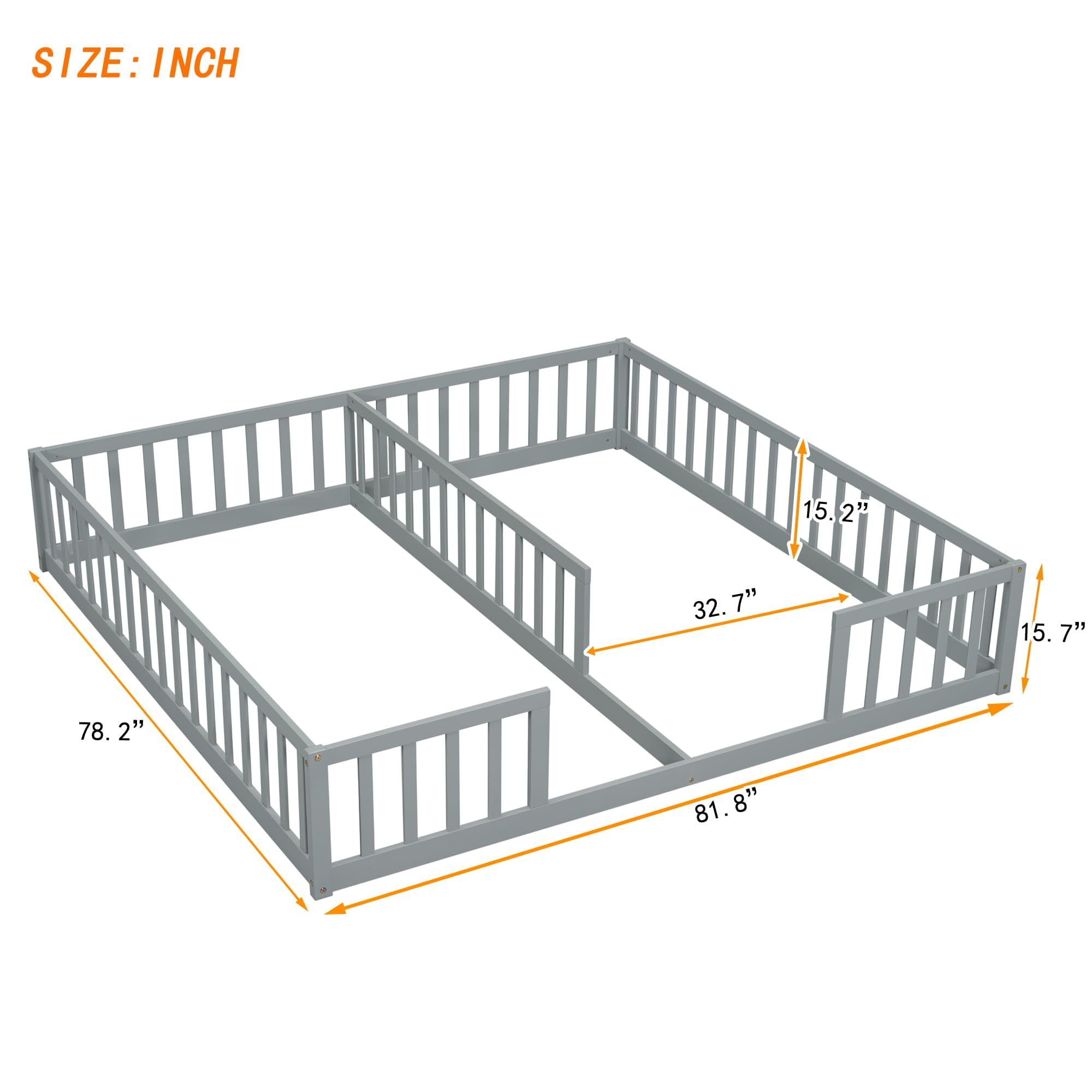 Twin Floor Bed for 2, Montessori Bed Frame with Fence, Wooden Double Floor Bed with Guardrails for Two Boys Girls, Box Spring Needed, Gray