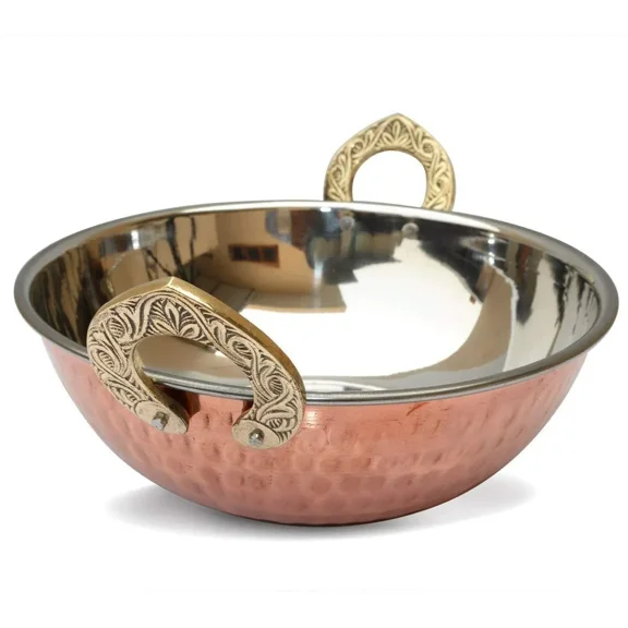 Indian Copper Serveware Karahi Vegetable Dinner Bowl with Solid Brass Handle