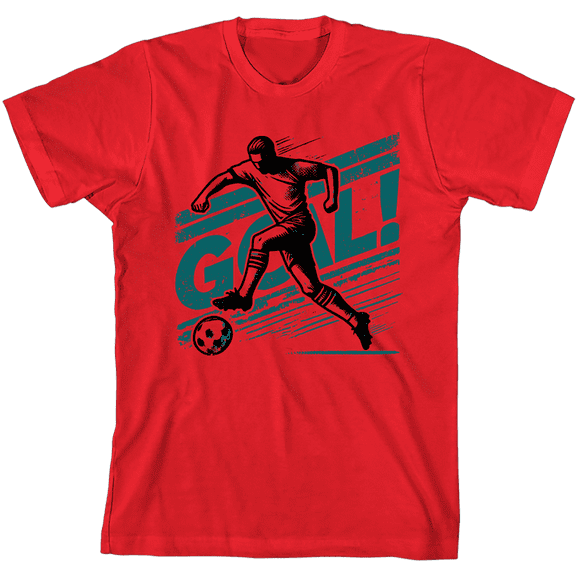 "Goal!" Soccer Sports Youth Red Crew Neck Short Sleeve Tee-Large