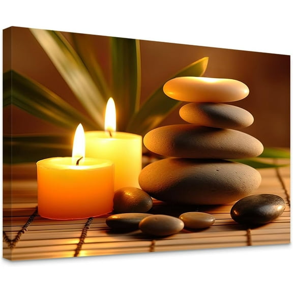 Zen Canvas Wall Art Candles Floral and Zen Stones Picture Spa Meditation Decor Artwork for Massage Yoga Room Decor Frame (12x18inch)
