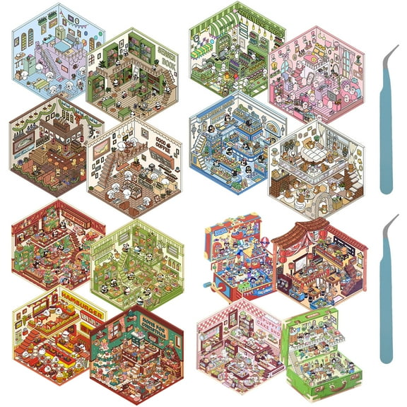LINFANG 16Pcs DIY 3D House Stickers Set Reusable PET 3D Cartoon Scene Stickers with 2 Tweezers Make Your Own Mini Room Scenes for Decoration