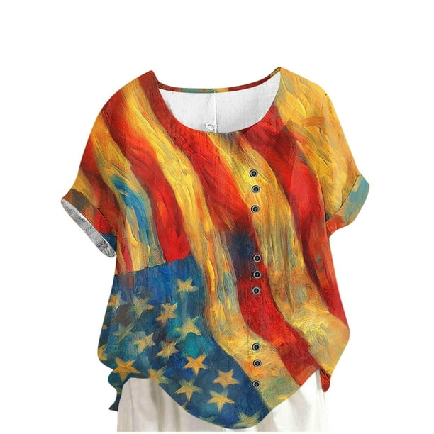 Vestidos Casuales Para Mujer, Blusas De Mujer De Moda Blusa de lino informal con botones y manga corta estampada para mujer