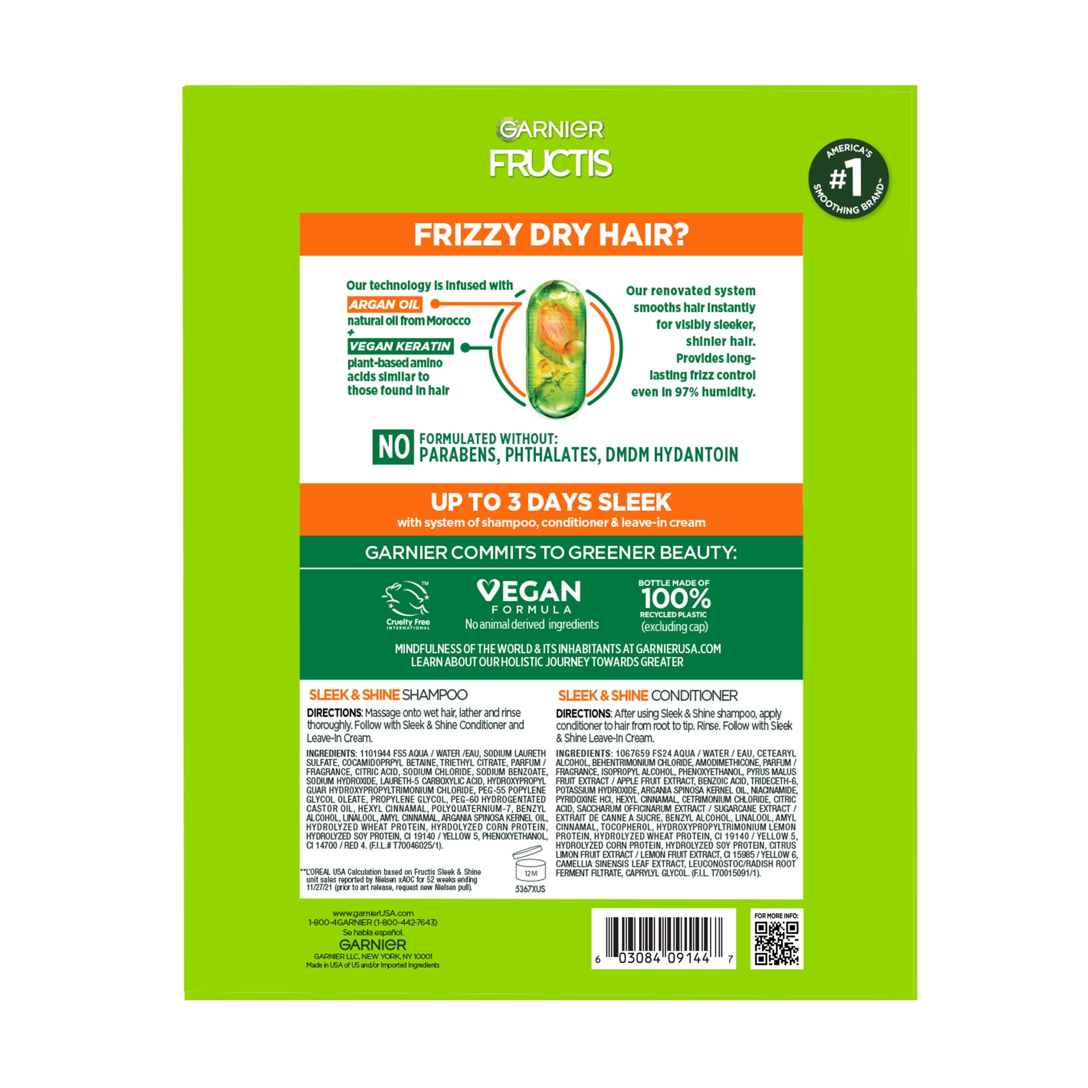 Garnier Fructis Sleek & Shine Adult Shampoo and Conditioner for Frizzy Hair, Twin Pack