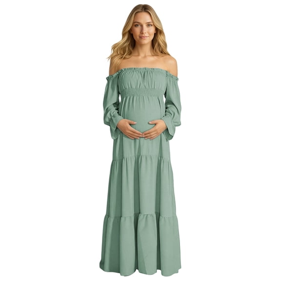 Jane Wardrobe Women's Maternity 450g Spandex Dress, Off-The-Shoulder Long Sleeve Shirred Waist Side Slit A-Line Tiered Gown, Boho Pregnancy Photoshoot & Baby Shower Maxi Dress, 1pc, S/M/L/XL/XXL