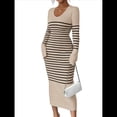 thumbnail image 1 of Vestido de Suéter A Rayas con Cuello en V para Mujer, Larga, Ajustado, Midi. Caqui M, 1 of 7