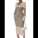 thumbnail image 1 of Vestido de Suéter A Rayas con Cuello en V para Mujer, Larga, Ajustado, Midi. Caqui L, 1 of 7