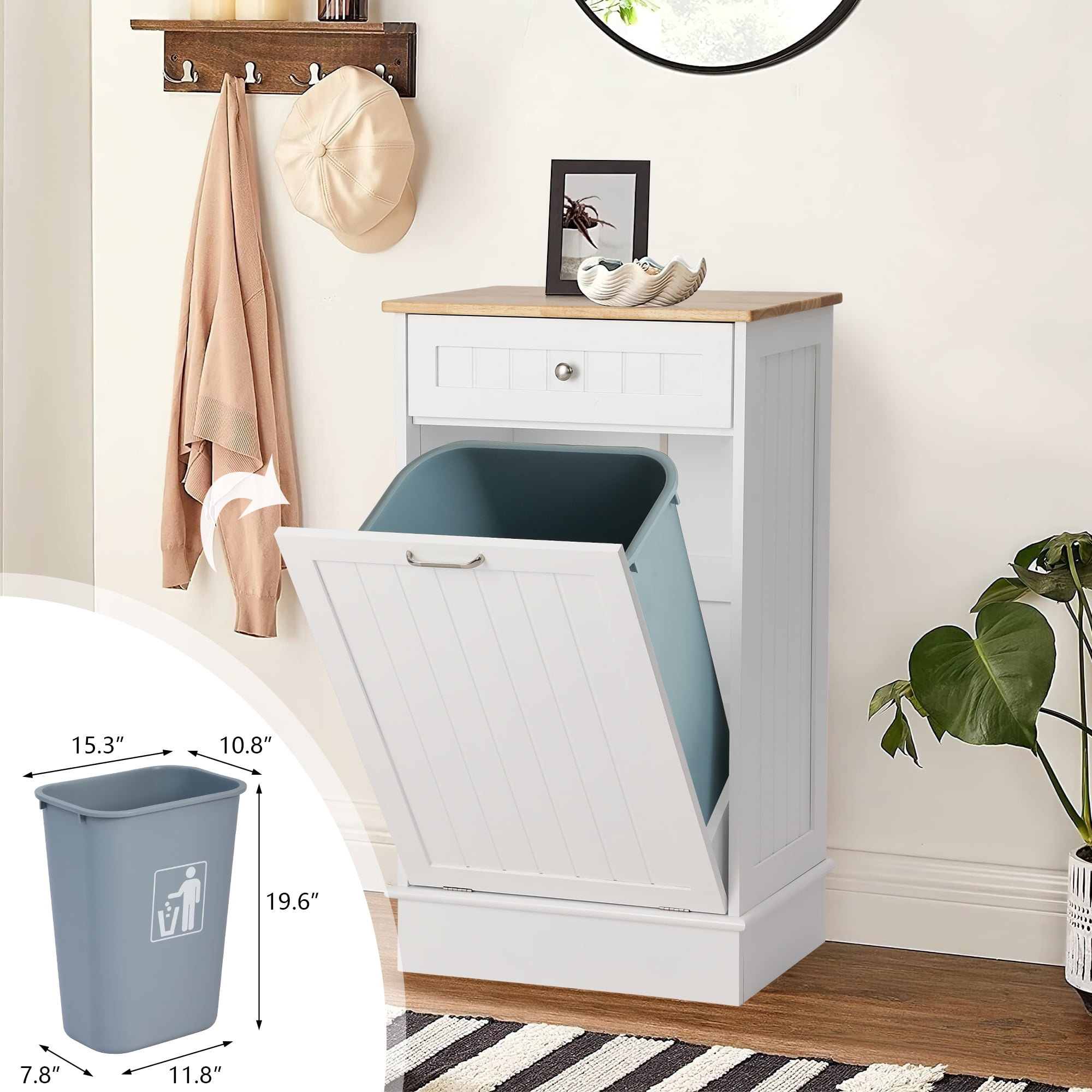 Kigoty Kitchen Trash Can Cabinet, 10 Gallon Tilt Out Trash Canbinet Wood Garbage Hamper Pet Proof, White