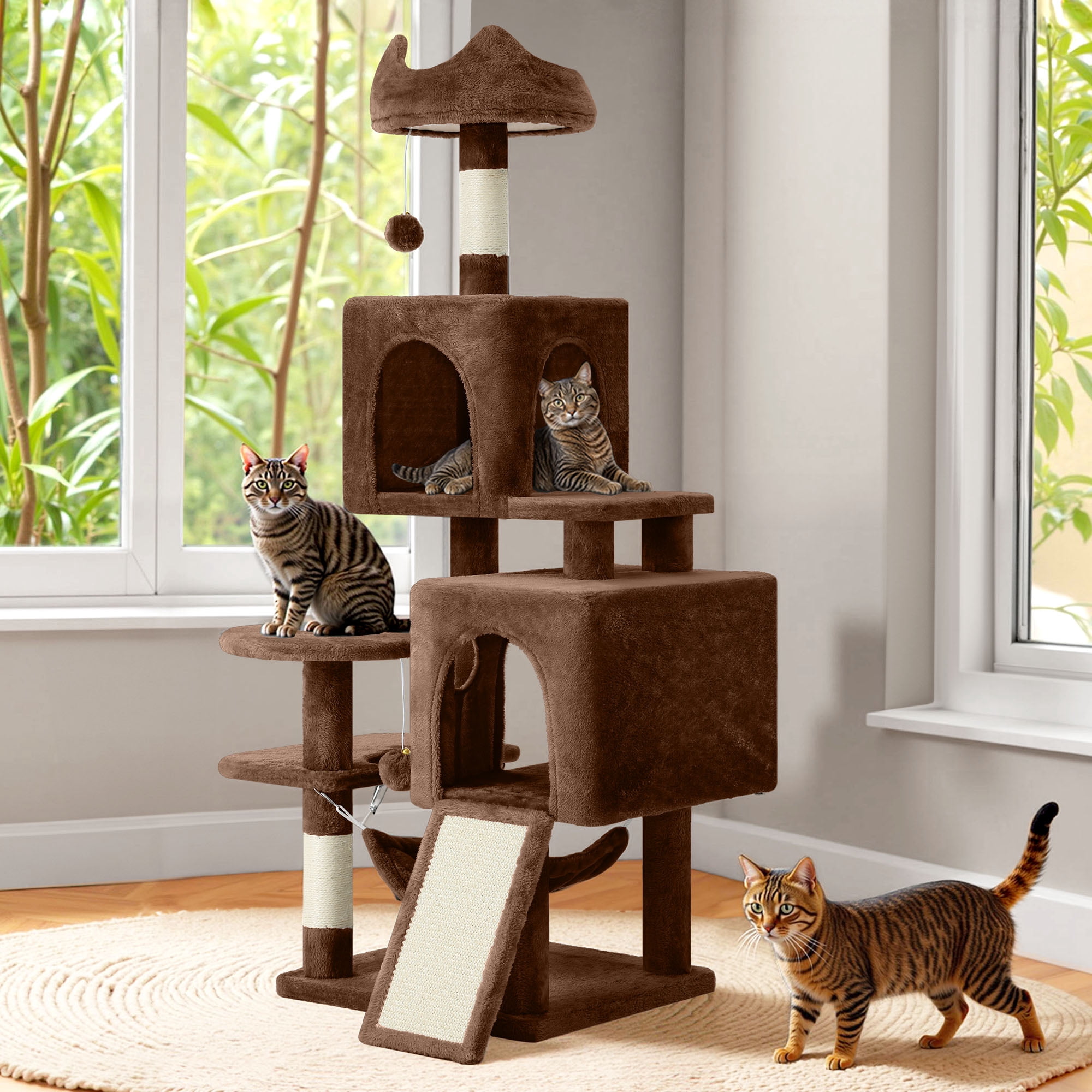 Dextrus 54" Multi-Level Cat Tree Tower with Cat Condos, Plush Top Perches, Hammocks, Sisal Scratching Post Board, Indoor Cat Activity Center,Brown