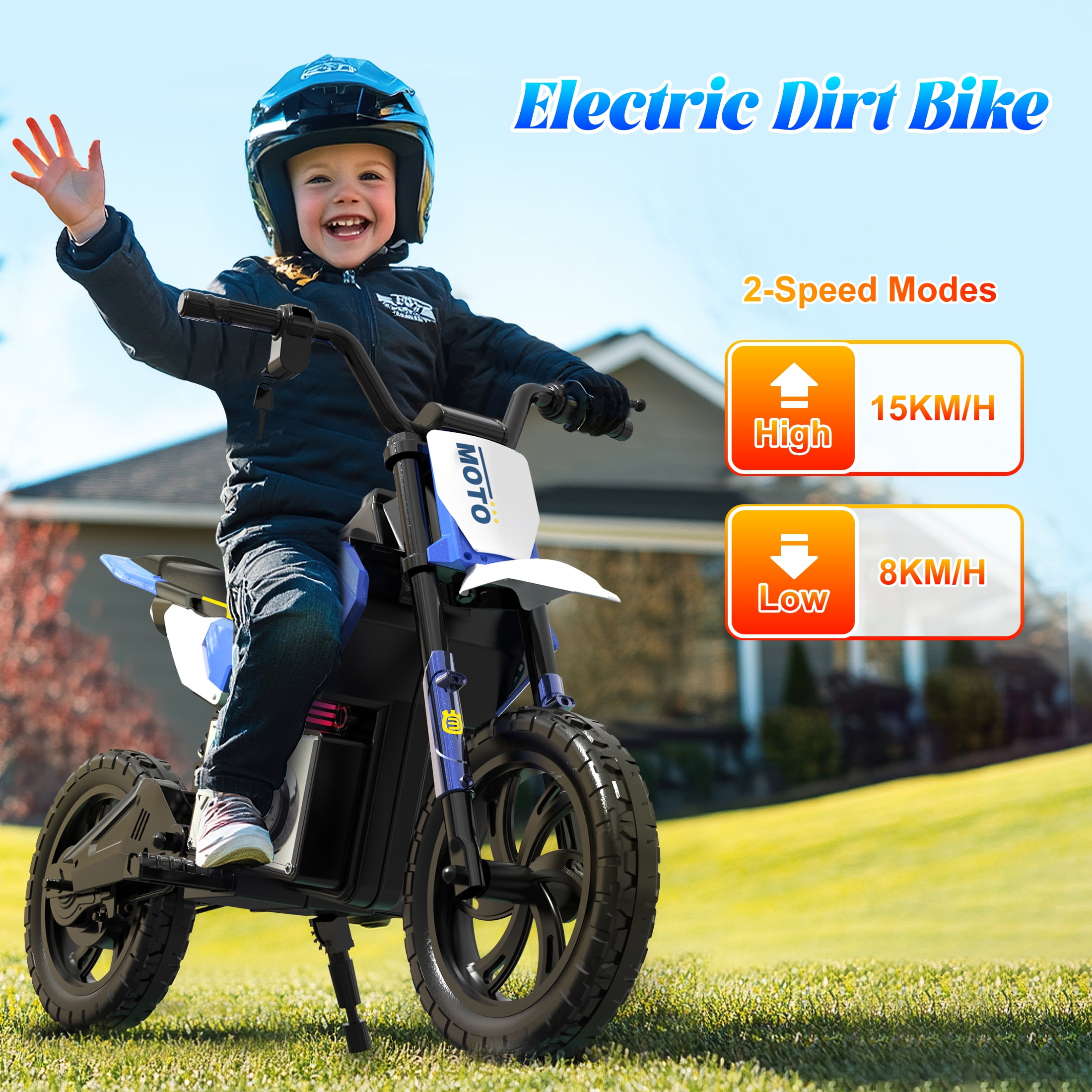 Skyhot 24V Electric Dirt Bike for Kids, 15km/h Electric Motorcycle Beginners Friendly, Power Display, Brushless Electric Machine, Rear Spring Suspension, 2-Speed Modes for Kids Ages 3-8, Blue