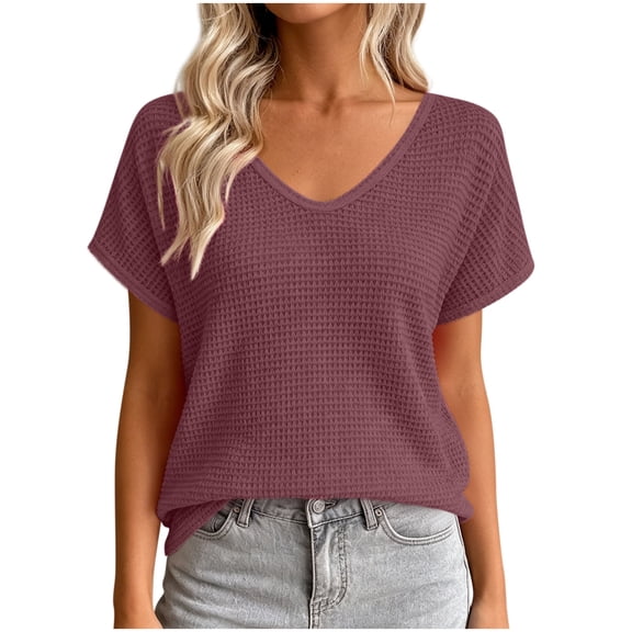 cfhntfmh Womens Summer V Neck Tops Short Sleeve Sweaters Knit Casual Plus Size Shirts Hollow out Lace Back with Drawstring Trendy Boho Tops