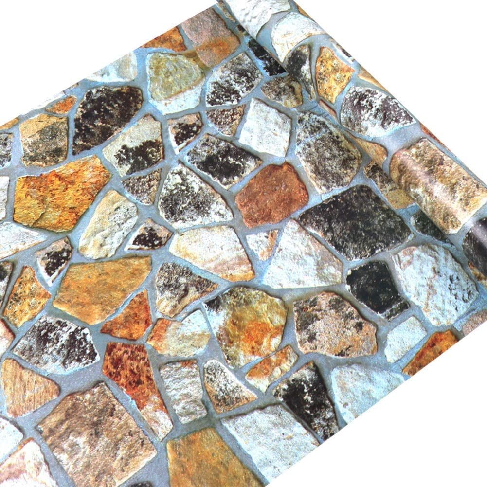 Stone Wallpaper, 3D Effect Blocks Yellow Black Multi Color Brick Peel and Stick Wallpaper, 17.7" x 393"