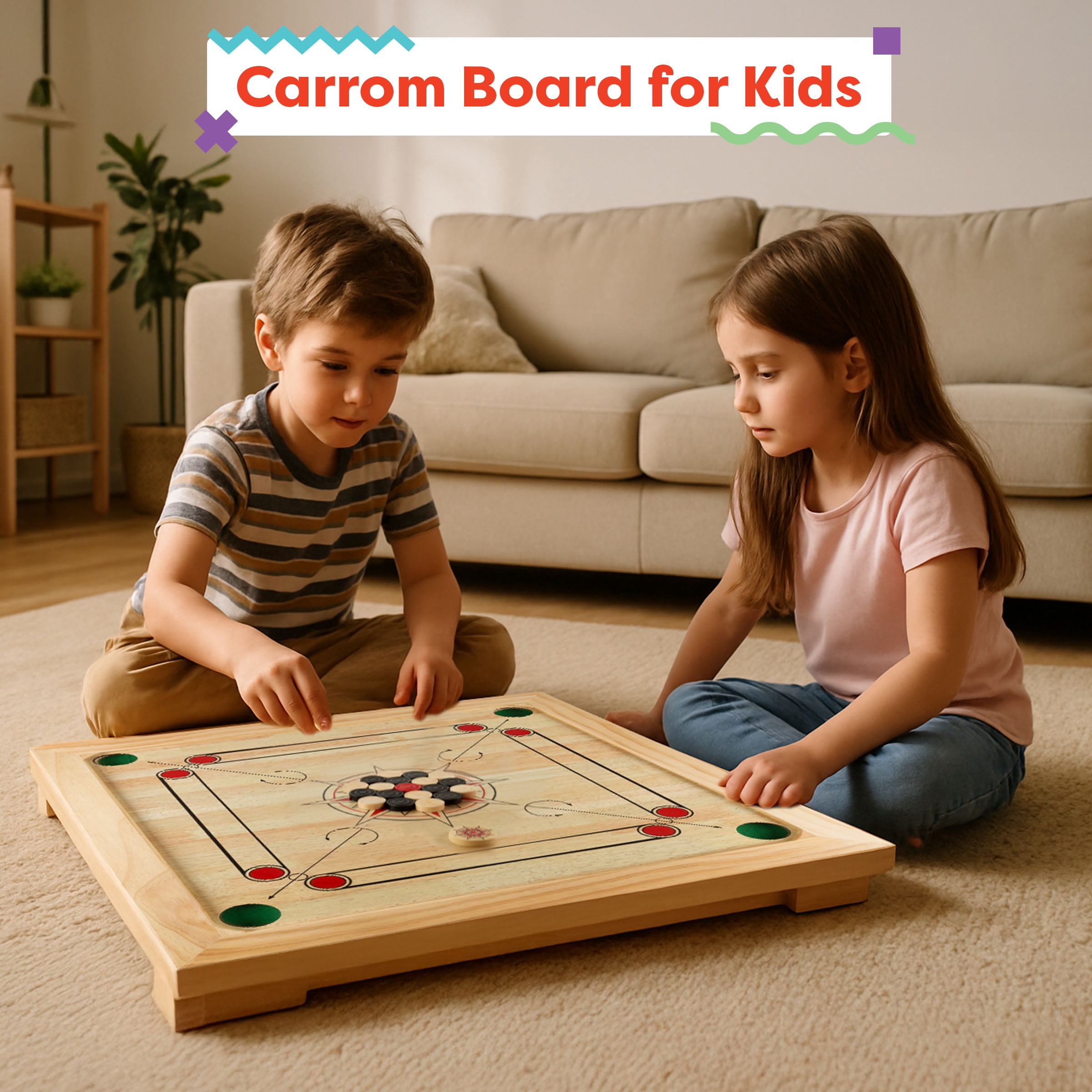 Rockin’ Rollers Carrom Board Game with Coins and Strikers, Wooden Board Game Set for Adults and Kids - 26" Square