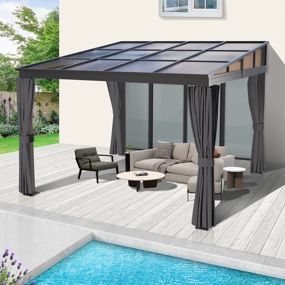 10'x 10' Wall Mounted Gazebo, Lean to Gazebo with Aluminum Frame, Polycarbonate Hardtop Gazebos Pergola with Sloping Roof for Outdoor, Backyard, Patio