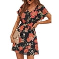 thumbnail image 3 of Seyurigaoka Women’s Summer Casual Short Sleeve Dress Boho Flower Print Button V-neck High Waist Chiffon Dress, 3 of 8