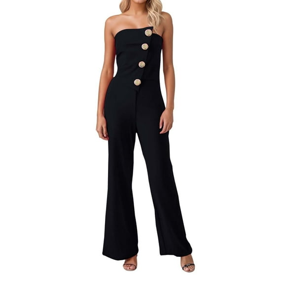 Women's Off Shoulder Button Detail Jumpsuit - Flared Pants, Summer, S-XXL