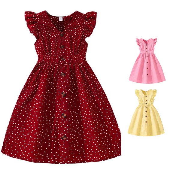 WAYUTE Dresses for Girls Button Down Ruffle Hem Solid Color Sleeveless A Line Sundress for Kids Teen Cute Casual Summer Vacation Outfit,Brick Red