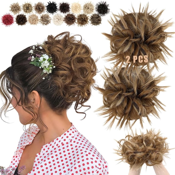 2PCS Messy Bun Hair Piece - Large Elastic Wavy Curly Hair Bun Scrunchies Ponytail Extensions Synthetic Chignon Thick Updo Hairpieces for Women 2.12oz each(Ash Blonde Mix Ginger Brown)