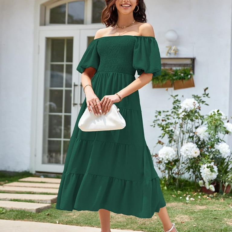 ワンピース PAROSH Women Mid Skirts LOCAD550734 022 Green Women's Summer Square Neck Pleated Dress - Trendy Casual