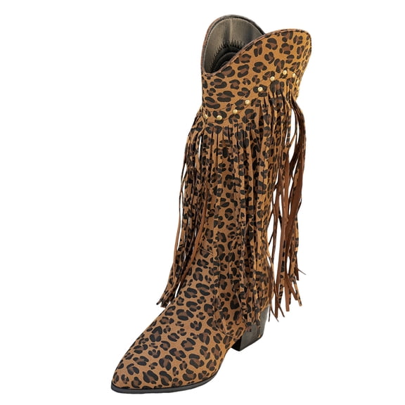 YLYL Women Fringe Knee High Boots Chunky Heel Pointed Toe Pull on Zipper Cowgirl Cowboy Western Boots
