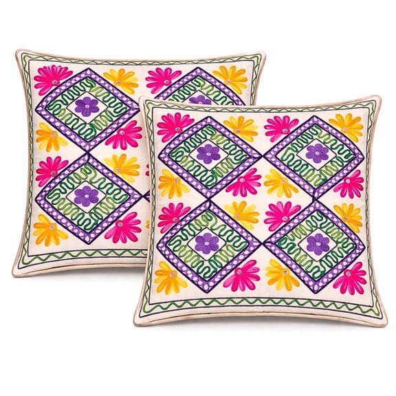 Colorful Hand-Embroidered Floral Cushion Cover Pair with Geometric Pattern, Decorative Throw Pillow Case for Living Room Bedroom Boho Decor 16X16