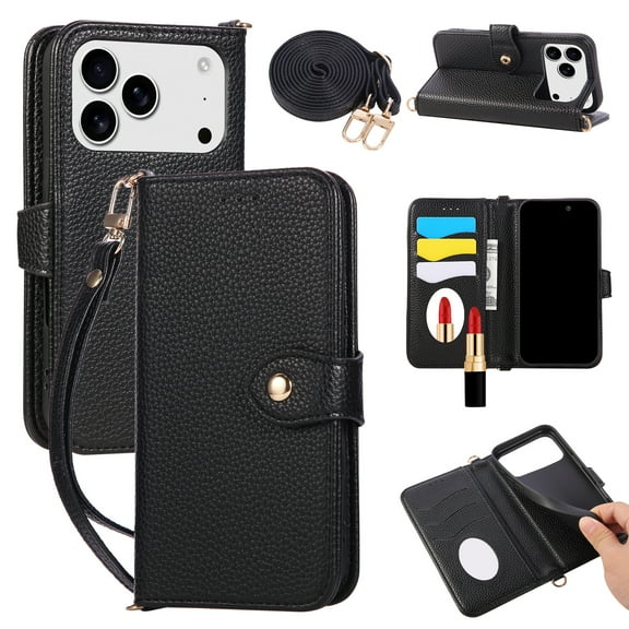 Crossbody Phone Case for IPhone16 15 17 Pro Max plus Mirror Wallet with Card Holder Flip Leather Cover