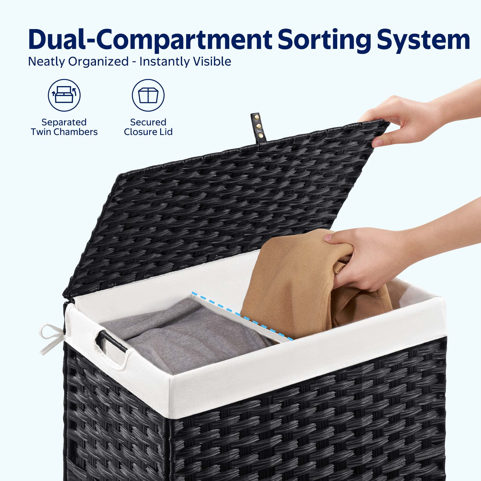 Rolanstar 110L Laundry Hamper Wicker Laundry Basket with Lid, Handles Clothes Hamper Foldable with 2 Removable Liner Bags, Black