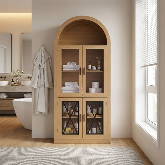 70" Tall Farmhouse Arched Display Cabinet with LED Lighting, Glass Door Storage Cabinet for Living Room or Kitchen Pantry, Natural Wood