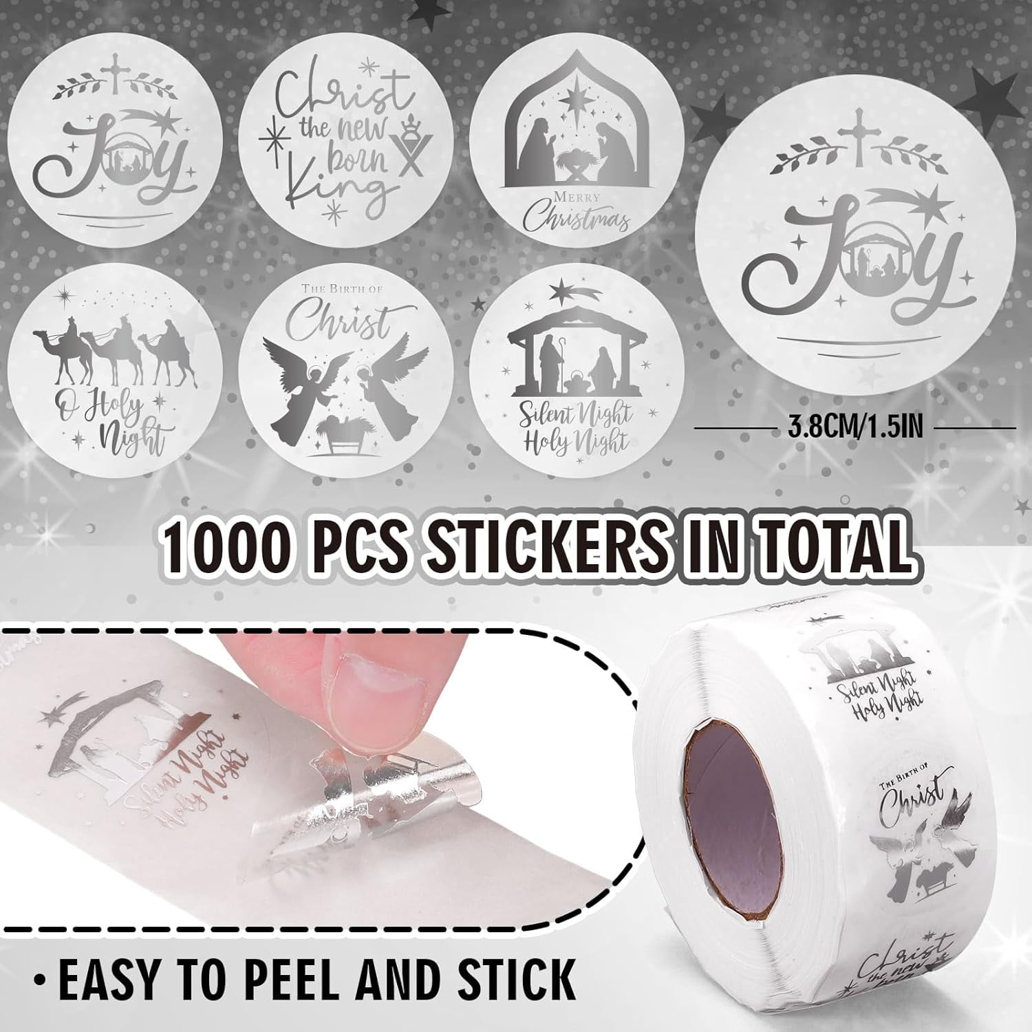 1000Pcs Clear Christmas Stickers Roll Silver Foil Nativity Scene Stickers Xmas Winter Holiday Self Adhesive Label Decals for Envelope Invitation Card Gift Decor, 6 Designs