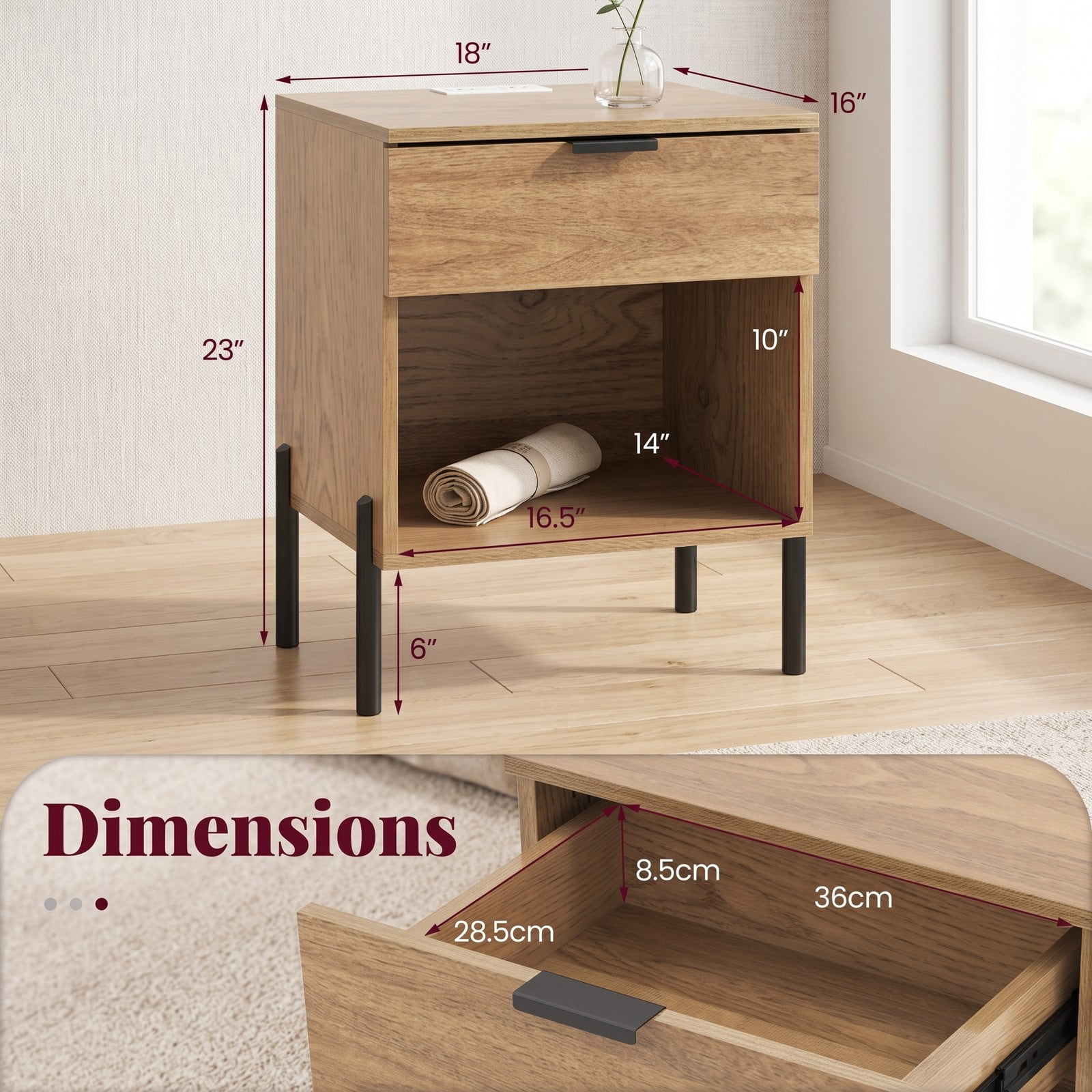 Furnibear Modern Nightstand with Charging Station for Bedroom, 1 Drawer and Open Compartment Bedside Table with Metal Legs, Natural