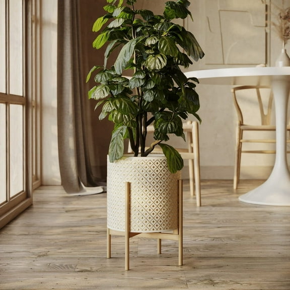 Fluted Metal Planter Pot With 4-Leg Gold Metal Base - White & Gold - 18"H x 13.75"W