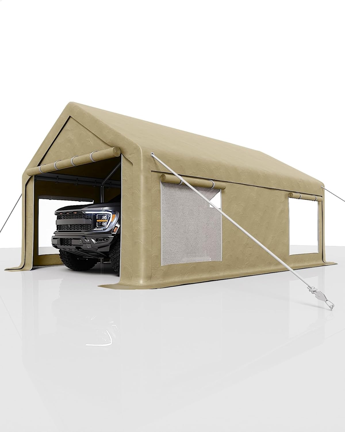 Historyli Carport Canopy, 10X20 Ft, Portable Garage, with 4 Roll-Up Windows & Doors, Khaki