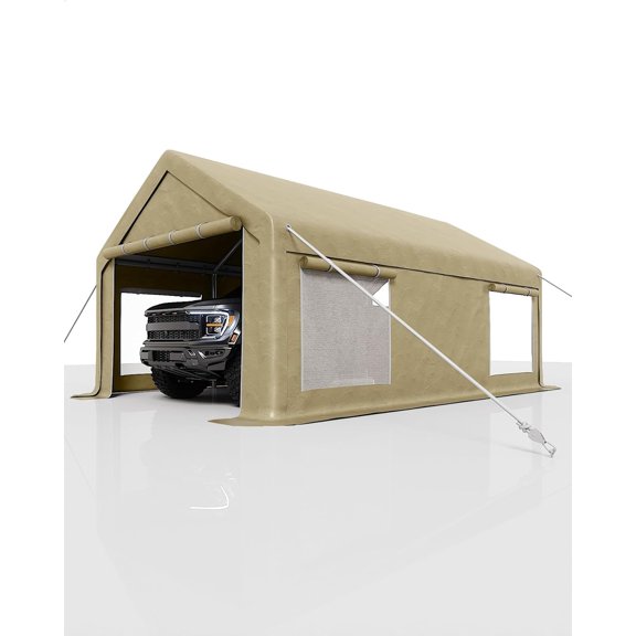 Trilenars 10X20 Ft Carport Canopy,Portable Garage with 4 Roll-Up Windows & Doors,Heavy-Duty 200g PE Tarp,Waterproof UV Resistant Anti-Snow Shelter for Truck,Motorcycle,Khaki
