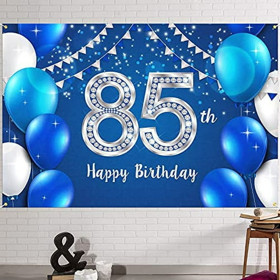 HAMIGAR 6x4ft Happy 85th Birthday Banner Backdrop - 85 Years Old Birthday Decorations Party Supplies for Women Men - Blue Silver