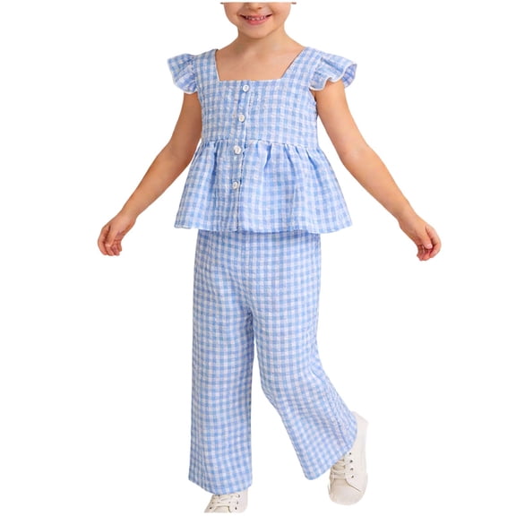 Kids Girl Sky Blue Gingham Outfit Kids Clothes 2 Piece Set Ruffle Sleeve Top Peplum Wide Leg Pants Soft Cotton Breathable Spring Summer,Size 4-5 T