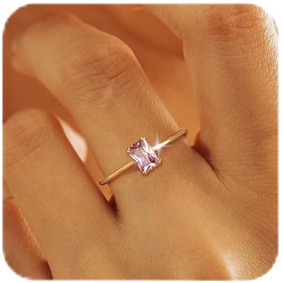 Gold Birthstone Rings for Women Non Tarnish Dainty 14K Gold Plated Stackable Rings CZ Emerald Baguette Gemstone Rings for Mother Daughter Birthday Handmade Jewelry Gifts Size 6 7 8 9 10