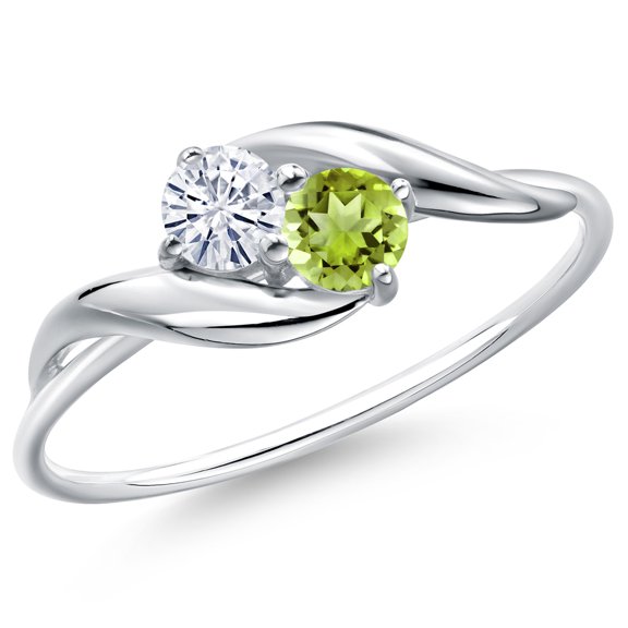 Gem Stone King 10K White Gold Round White Moissanite and Green Peridot Ring for Women (0.37 Cttw, Round 3.5MM, Gemstone Birthstone, Size 6)