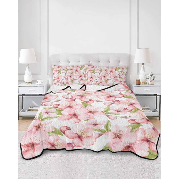 Quilts King Size, Pink Flowers Soft Comforter Bedding Set for Bed, Watercolor Spring Botanical Floral Leaves Lightweight Quilted Bedspread with Pillow Cover(2 Pieces) for All Season, 96x106 Inch